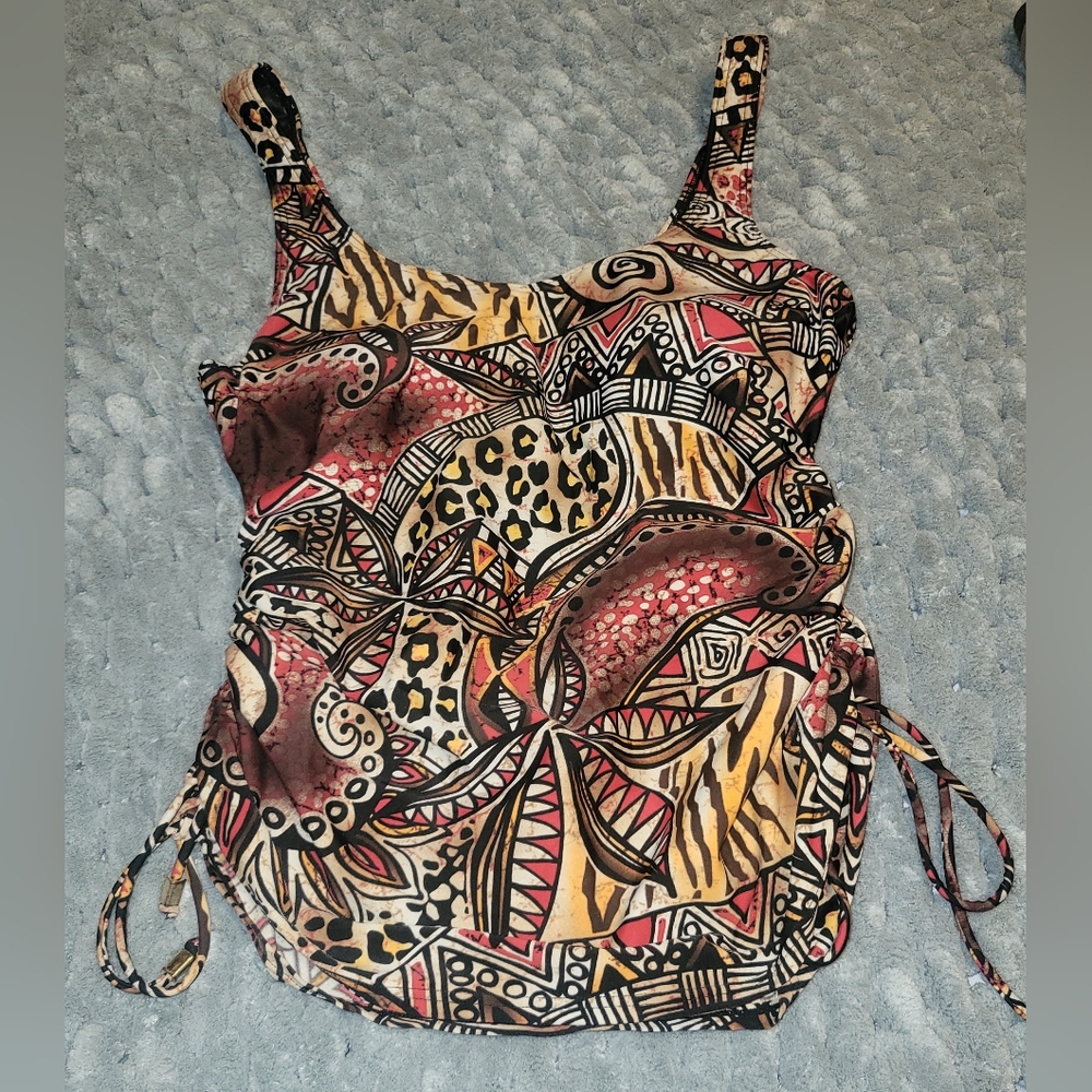Christina Vibrant Tribal Animal Print Ruched Tankini Swim Top Sz 12D